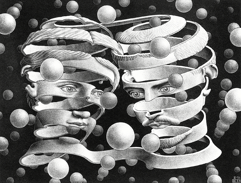 M.C. Escher, Bond of Union, 1956, lithograph, Bool 409, 253x339 mm. Maurits Collection, Italy. © All M.C. Escher works © 2026 The M.C. Escher Company, The Netherlands. All rights reserved. www.mcescher.com M.C. Escher, Bond of Union, 1956, lithograph, Bool 409, 253x339 mm. Maurits Collection, Italy. © All M.C. Escher works © 2026 The M.C. Escher Company, The Netherlands. All rights reserved. www.mcescher.com