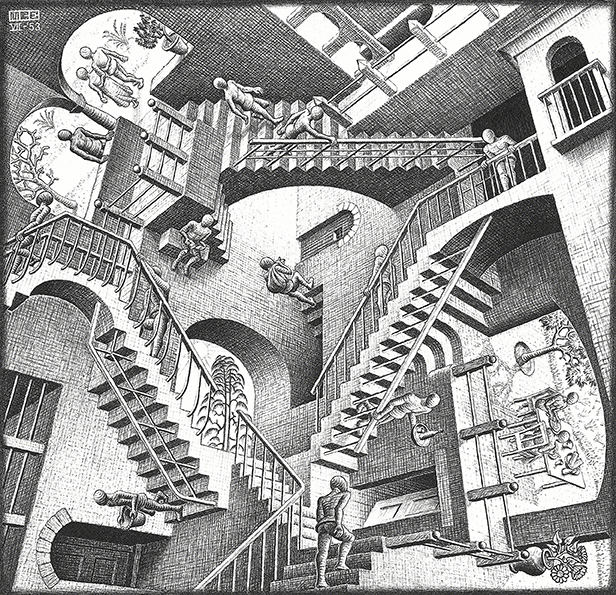 Relativity, 1953. © 2026 The M.C. Escher Company, The Netherlands. All rights reserved. www.mcescher.com Relativity, 1953. © 2026 The M.C. Escher Company, The Netherlands. All rights reserved. www.mcescher.com