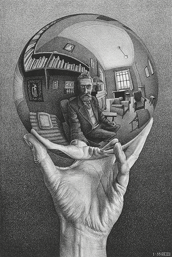 Hand with reflecting sphere, 1935. © 2026 The M.C. Escher Company, The Netherlands. All rights reserved. www.mcescher.com Hand with reflecting sphere, 1935. © 2026 The M.C. Escher Company, The Netherlands. All rights reserved. www.mcescher.com